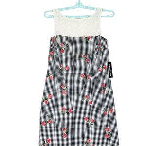 NWT Karl Lagerfeld Black Gingham Floral Embroidered Eyelet Lace Trim Dress Sz 10